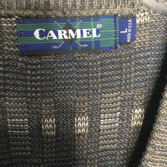 Vintage Carmel Golf Cardigan Sweater Men Large 5 Button Mr Rogers Grandpa V Neck - Picture 2 of 8